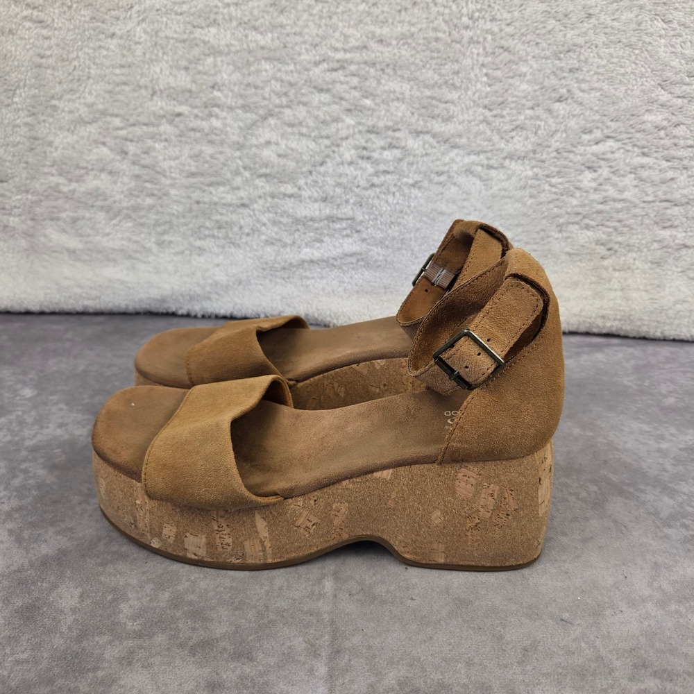 TOMS Tan Suede Cork Platform Wedge Sandals Ankle Strap US W 9